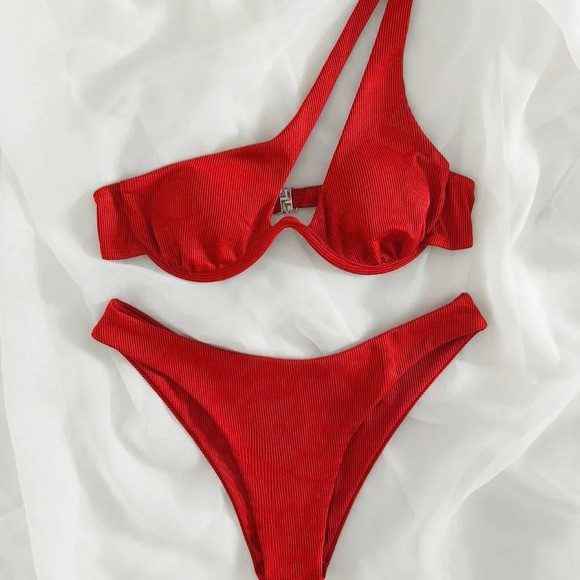 Red Women's Beach Rib Cut Out One Shoulder Bikini swimsuit - Picture 5 of 5